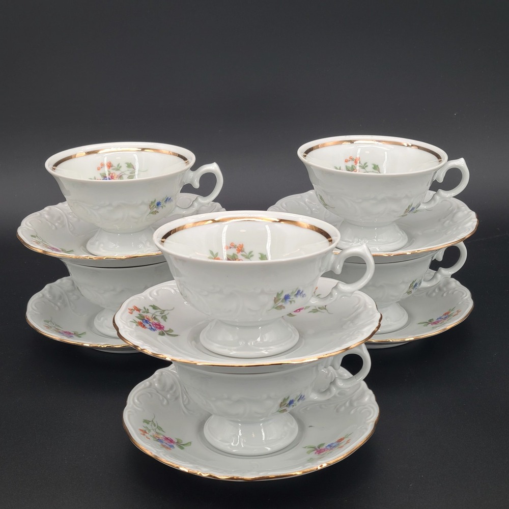 6 sets Wawel Poland Pink Roses Flowers Gold Band Footed Cup & Saucer Set 6" Dia